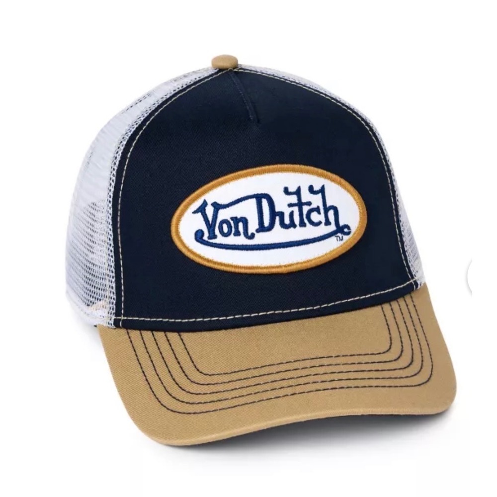 NEW Von Dutch Hat Navy Tan Patch Trucker Mesh SnapBack Cap NWT Retro unisex Y2K - Picture 2 of 8
